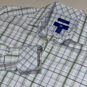 Egara Modern Fit Plaid Blue & Green Flip Cuff Dress Shirt Men’s M 15-15.5 Cotton